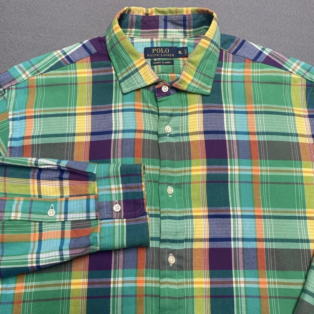 Polo Ralph Lauren Shirt Mens XL Green Plaid Luxury Flannel Long Sleeve Button Up